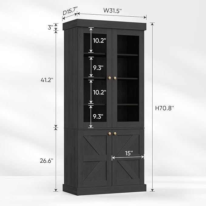 Vyre 71" Tall Farmhouse Bookshelves with Glass Doors, Large Modular Bookcase with Adjustable Shelves, Storage Cabinet for Living Room, Kitchen, Home Office, Black-Ruum Studio Home