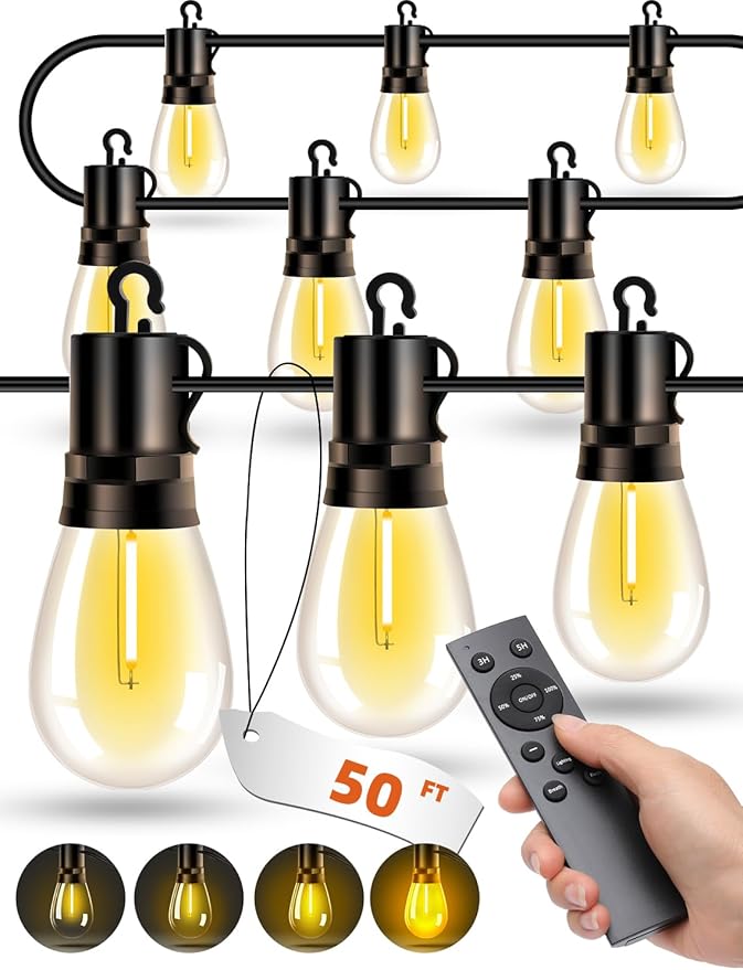 Outdoor Patio String Lights: S14 Shatterproof Bulb Outside Waterproof Light - 50Ft 15M Remote Dimmable Connectable Hanging Outdoor Electric Lighting - Garden Backyard Yard Gazebo Porch Party-Ruum Studio Home