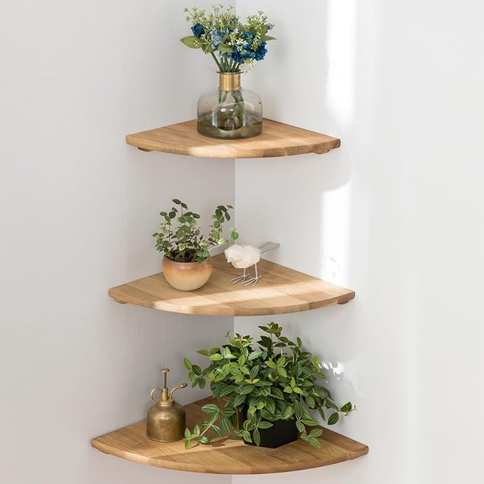 Corner Shelves, Floating Corner Shelf, Set of 3 Solid Oak Wood Corner Wall Shelves, Round End with Wire Hole Shelving for Small Plant for Bedroom Kitchen, Living Room (Size 9/10/12in)-Ruum Studio Home