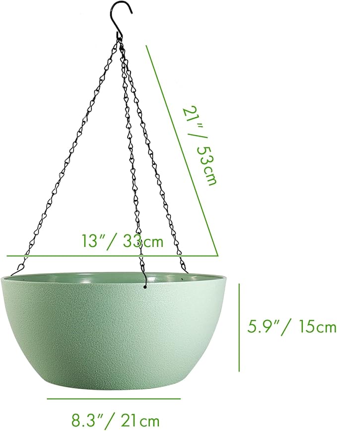 WOUSIWER 13 inch 2 Pack Large Hanging Planters for Indoor Outdoor Plants with Drainage Holes and Chain, Round Hanging Flower Pots for Garden Home Porch Decor, Green-Ruum Studio Home