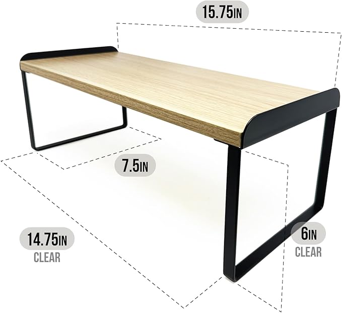 Mitus Shelf Organizer and Storage, Tiered Wood Cabinet Rack for The Kitchen Counter, Bathroom Counter, Pantry Cupboard, Office Desk Bookshelf, 16" Wide Natural and Black-Ruum Studio Home