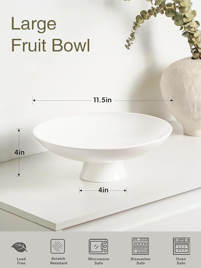 Kanwone Large Fruit Bowl for Kitchen Counter - Decorative Bowls for Home Décor - Ceramic Fruit Bowl, Pedestal Bowl - Modern Key Bowl for Entryway Table - 11.5 Inches, White-Ruum Studio Home