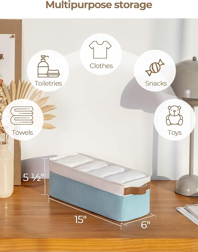 StorageWorks Narrow Storage Bins, Small Basket for Closet and Shelves, Fabric Organizer with Handles, Toilet Paper Storage, Light Blue and White, 2-Pack-Ruum Studio Home