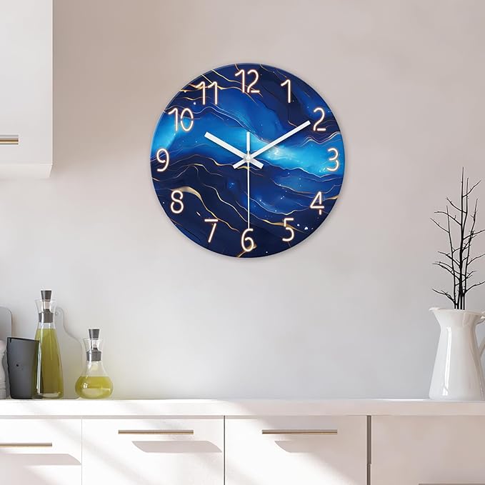 Small Wall Clocks Battery Operated 12 Inch Blue Marble Wall Clock for Kitchen Glass Analog Silent Wall Clock Non Ticking-Ruum Studio Home