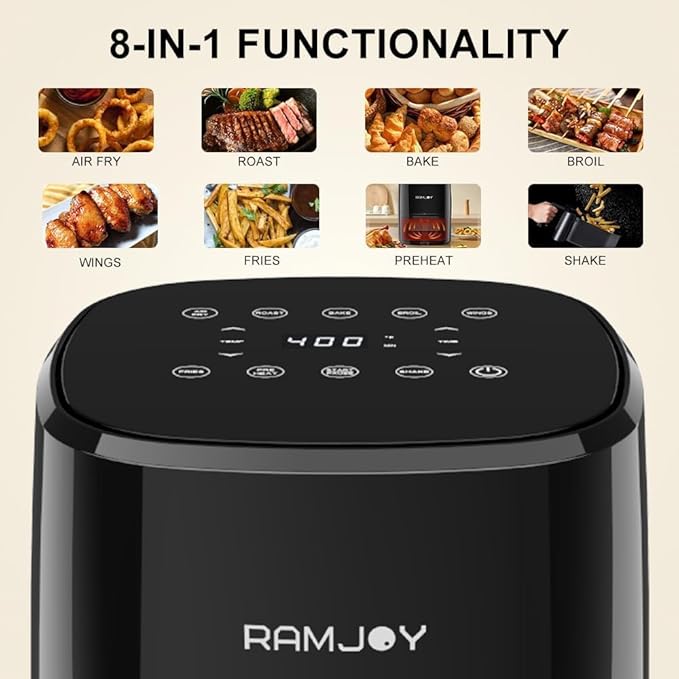 Air Fryer 3.8 Quarts for 1-2 people, 8-in-1 Functions, Air Fry, Roast, Bake, Broil, Preheat, Shake, Digital Small Air Fryer, Nonstick Dishwasher-Safe Basket, Compact Air Fryers, Black-Ruum Studio Home