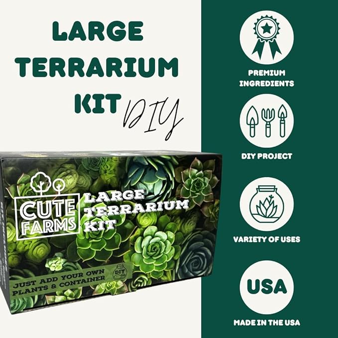 Cute Farms Terrarium Starter Kit | Moss, Vermiculite, Soil, Pebbles, Plant Food, Finishing Tools, Build and Care Guide | DIY Succulent Terrarium for Adults and Kids (Large + Live Plants)-Ruum Studio Home