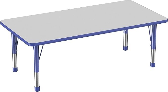 FDP Rectangle Activity School and Classroom Kids Table (30 x 60 inch), Toddler Legs, Adjustable Height 15-24 inches - Gray Top and Blue Edge-Ruum Studio Home
