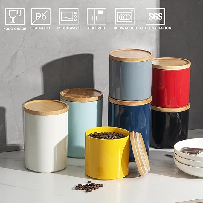 Sweejar Kitchen Canisters Ceramic Food Storage Jar, Stackable Containers with Airtight Seal Wooden Lid for Serving Coffee Bean, Flour, Tea, Cookies and More - 58 Fl Oz(Navy)-Ruum Studio Home