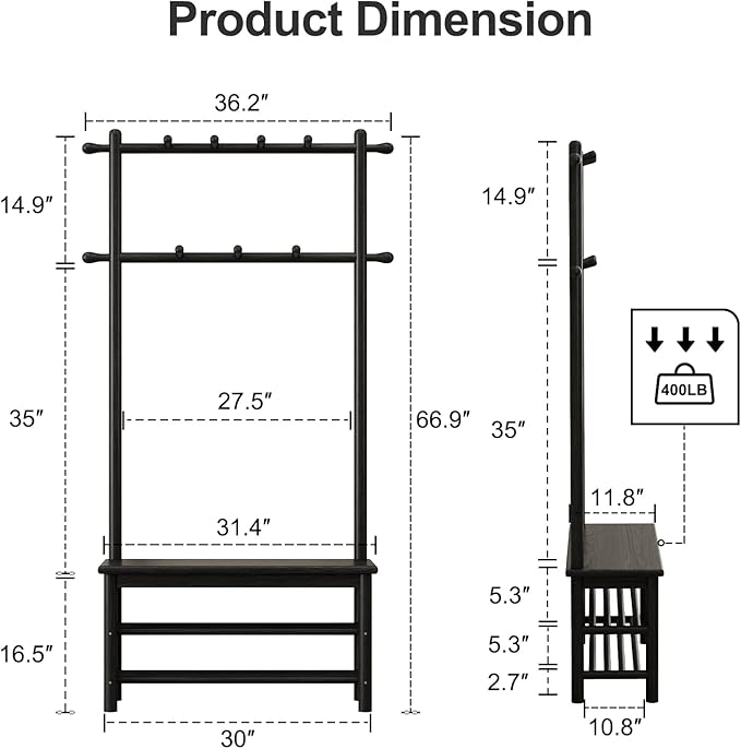 Coat Rack with Shoe Storage, Wooden Hall Tree with Bench, 11 Hooks and 2-Tier Storage Shelves, 3-in-1, Entryway Bench with Coat Rack (31.5"-Deep Black)-Ruum Studio Home