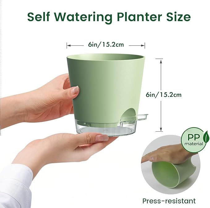 6 inch Self Watering Pots for Indoor Outdoor Plants, 6 Pack Flower Plant Pots with Drainage Holes and Clear Reservoirs, Visible Water Level, Plastic Planters with Wicking Rope, Green-Ruum Studio Home