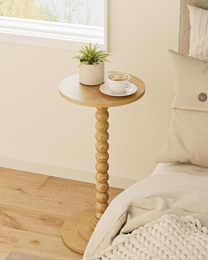 Masupu Round Side Table, Small End Table for Small Spaces, Pedestal Drink Table with Solid Wood Leg for Living Room, Bedroom, Corners(Natural)-Ruum Studio Home