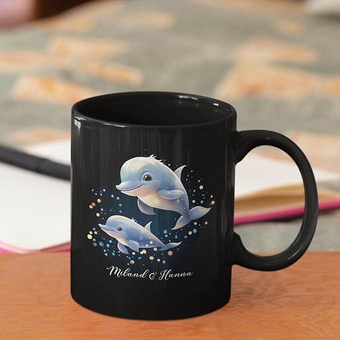 Custom Name Xmas Animal Cup, Cute Dolphins Swimming Design Mug 11oz 15oz, Customized Christmas Dolphins Black Cup, Personalized Animal Lover Coffee Mug, Gift For Newlyweds, Close Friend-Ruum Studio Home