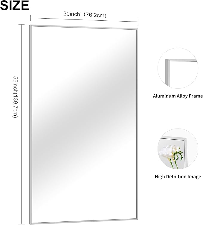 30x55In Silver Bathroom Mirror for Wall, Brushed Nickel Rectangle Mirrors with Metal Frame, Bathroom Rectangular Mirror Modern Wall Mirror for Bedroom Living Room, Hangs Horizontal or Vertical-Ruum Studio Home