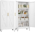 61" H Metal Kitchen Pantry Storage Cabinet, Freestanding Cupboard with 2 Doors and 3 Adjustable Shelves, Standing Storage for Kitchen, Bathroom, Garage, Dinning Room or Utility Room（White）-Ruum Studio Home