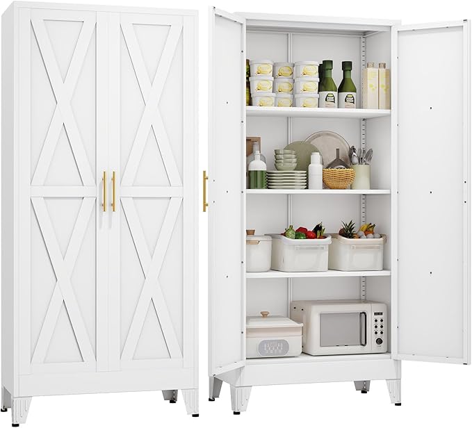 61" H Metal Kitchen Pantry Storage Cabinet, Freestanding Cupboard with 2 Doors and 3 Adjustable Shelves, Standing Storage for Kitchen, Bathroom, Garage, Dinning Room or Utility Room（White）-Ruum Studio Home
