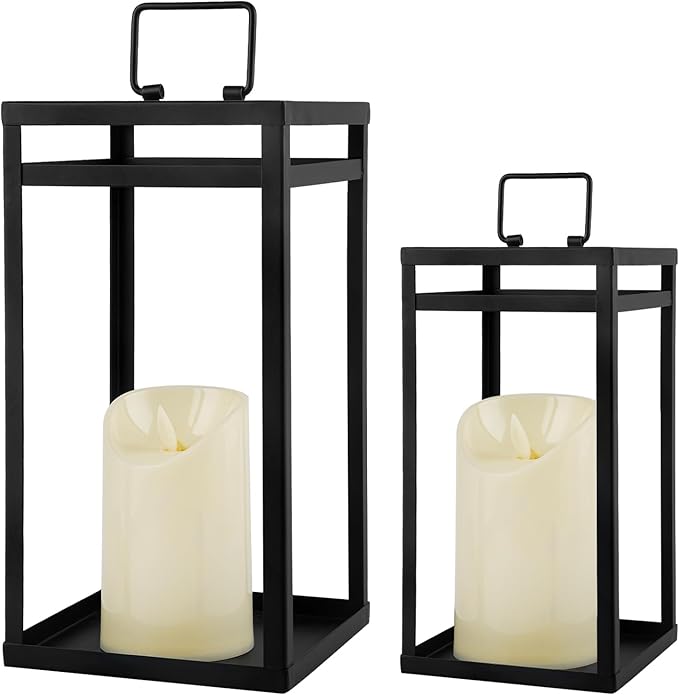 Modern Farmhouse Lantern Decor, 2Pcs Metal Candle Lanterns with Flameless Candles Black Decorative Lantern for Front Porch Covered Patio Dining Table Entryway Table Wedding Home Decor-Ruum Studio Home