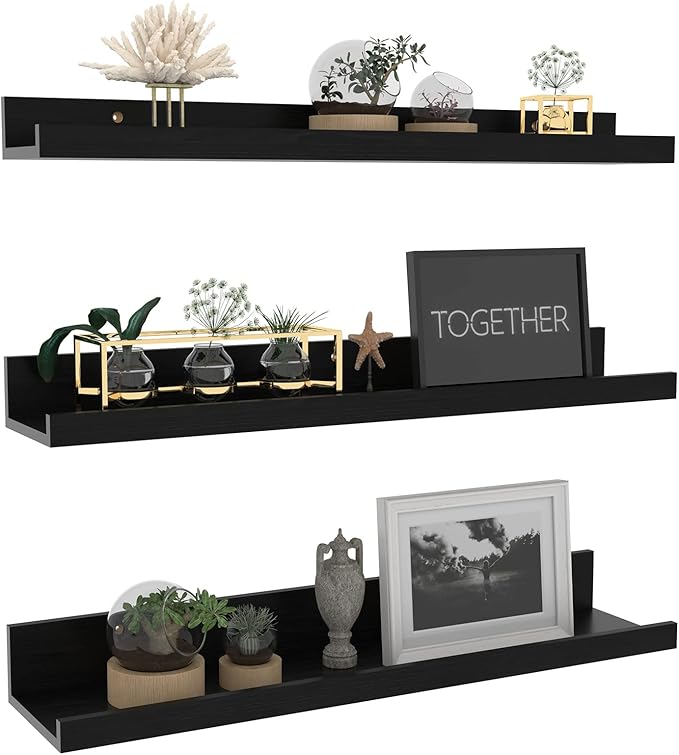 Giftgarden 24 Inch Black Floating Shelves Wall Mounted Woodgrain Picture Ledge Shelf for Storage Bedroom Bathroom Kitchen Living Room Office, Set of 3 Different Sizes-Ruum Studio Home