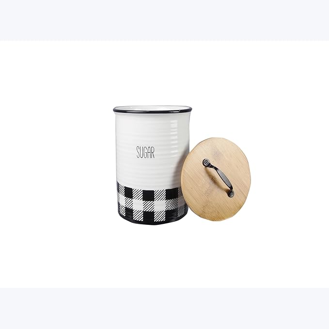 Young's Inc. 4 Pcs Set Plaid with Bamboo Lids Ceramic Canisters- Storage Container for Kitchen and Bathroom - Beautiful Home Decor Accent to Store Food, Coffee, Tea, and More - Black, White-Ruum Studio Home
