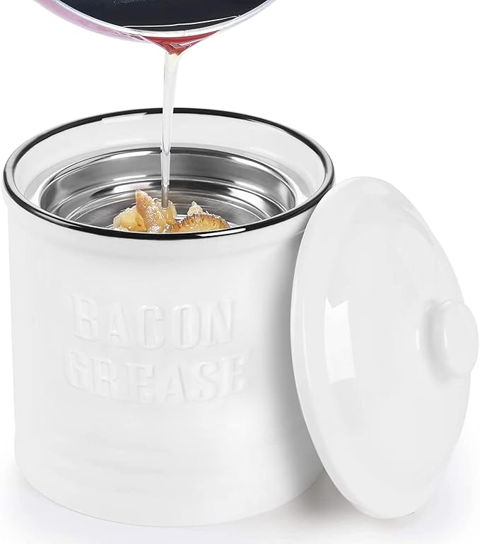Ceramic Bacon Grease Container Keeper with Strainer,1L Frying Oil Storage Can White-Ruum Studio Home