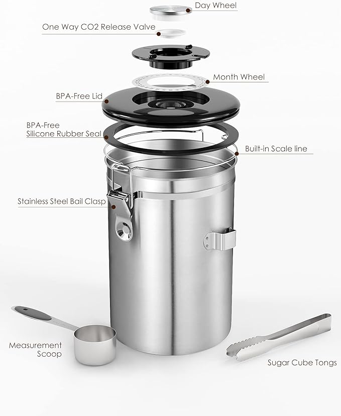 HAIOOU Airtight Coffee Canister, 16OZ Small Stainless Steel Coffee Bean Storage Container with Date Tracker, Measuring Scoop, CO2 Releasing Valves and Mini Tongs for Beans, Grounds and more - Silver-Ruum Studio Home