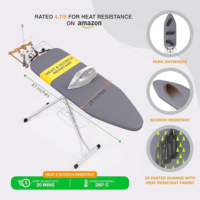 Xabitat Full Size Ironing Board 57" X 15" with Wall Mount Hanger, Full Metal Construction Iron Board, Built in Iron Caddy, Heat & Scorch Resistant Fabric, Cord Holder, Anti-Skid Feet, Heavy Duty-Ruum Studio Home