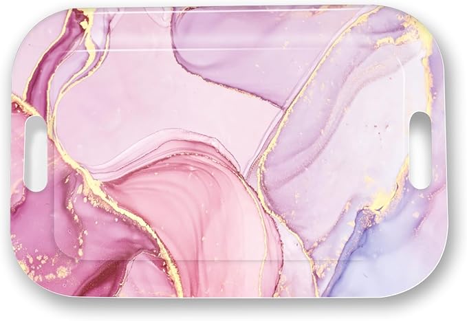 Serving Trays with Handles, 14.5 x 9.8 inch Rectangular Plastic Tray for Restaurant, Kitchen, Painting of Pink and Gold Marble-Ruum Studio Home