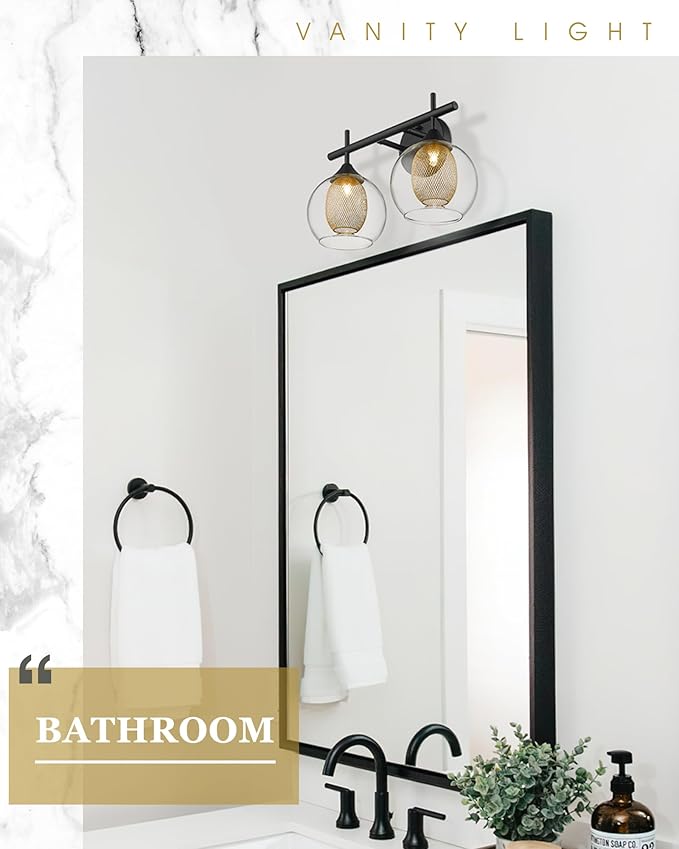 Black and Gold Bathroom Light Fixture, Farmhouse Wall Sconce Lighting with Clear Glass and Honeycomb Metal Shade, 2-Light Black Brass Vanity Light Over Mirror, AD-22001-2W-BK-Ruum Studio Home