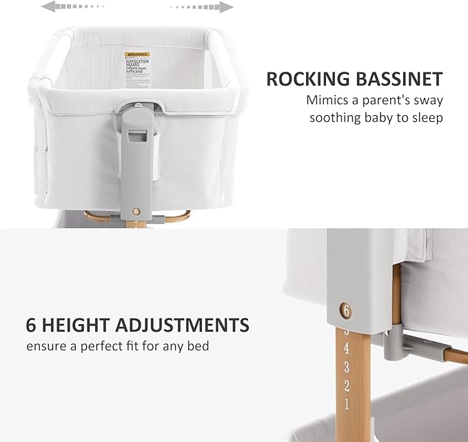 3 in 1 Baby Bassinet, Rocking Bassinet, Bedside Bassinet, 6-Height Adjustable, Bassinet Bedside Sleeper, Bedside Bassient for Baby with Comfy Mattress, Breathable Mesh, Large Storage Basket-Ruum Studio Home