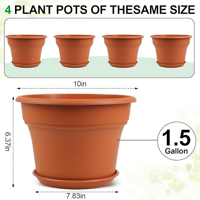 10 Inch Plastic-Flower-Pot-for-Indoor-Plants, 4 Pack Large Outdoor Planter Pot with Drainage Holes & Saucers, Resin Decorative Garden Pots Planters-Ruum Studio Home