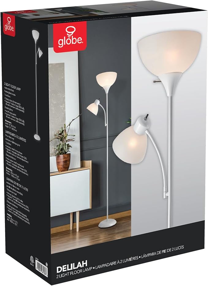 GLOBE Electric 67136 72" Torchiere Floor Lamp with Adjustable Reading Light, Matte White Finish, Frosted Shades, Rotary Switch on Socket, E26 Base-Ruum Studio Home