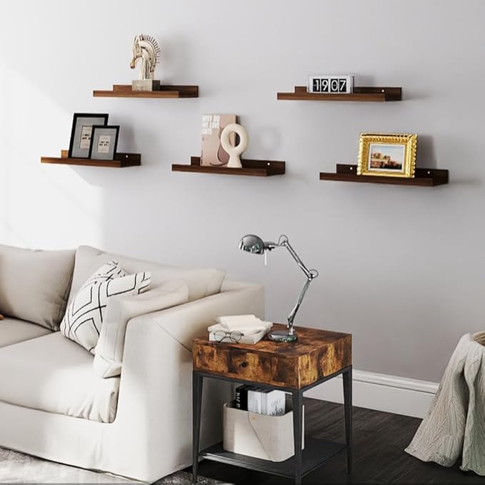 RICHER HOUSE 5 Set Floating Shelves for Wall Decor, Wall Mounted Book Shelf, Nursery Shelves Picture Ledge Shelf with Lip for Wall Storage, Bedroom, Living Room, Bathroom - Walnut-Ruum Studio Home