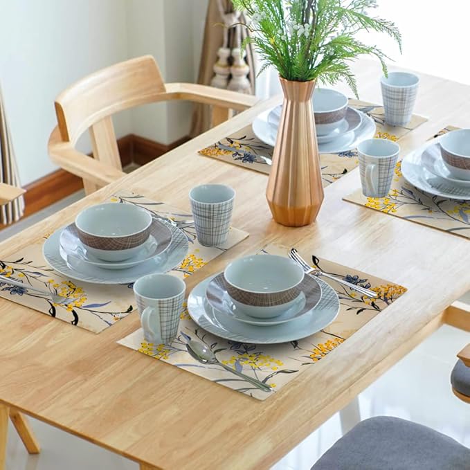 Floral Placemats Set of 4 Vintage Floral Summer Flowers Yellow Placemats for Kitchen Table Linen Placemats Washable Non-Slip Heat Resistant Place Mats for Party Kitchen Dining Decorations 18x12 Inch-Ruum Studio Home