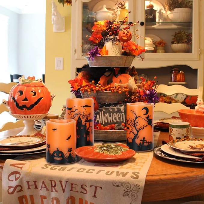 Wondise Halloween Flickering Flameless Candles with 6 Hour Timer, Battery Operated LED Real Wax Candles Set of 3 Halloween Home Decoration Gifts(3 x 4 5 6 Inch)-Ruum Studio Home