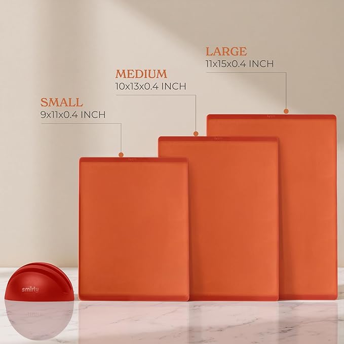 SMIRLY Plastic Cutting Board Set with Holder 3 Pieces, Non-Slip Dishwasher Safe Chopping Boards for Kitchen, Orange-Ruum Studio Home