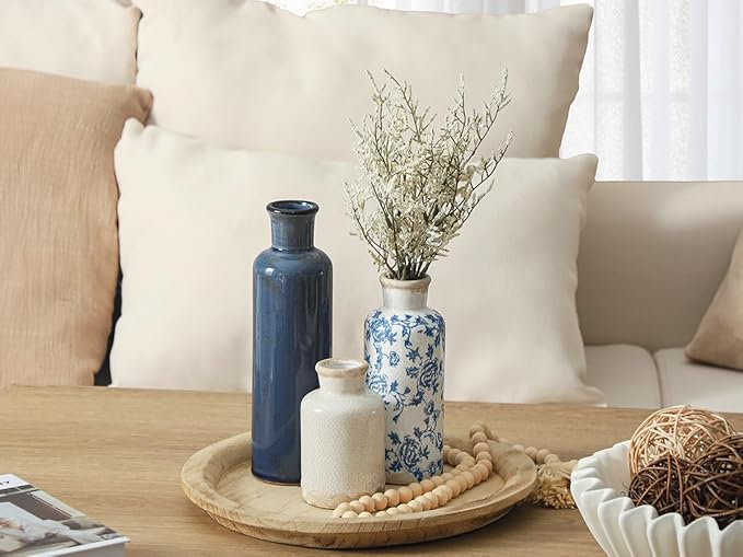 Ceramic Vintage Vases Set of 3, Blue and White Flower Decorative Vase Chinoiserie Decor Rustic Farmhouse Retro Floral Vases for Table Bookshelf Mantel Kitchen Living Room Office-Ruum Studio Home