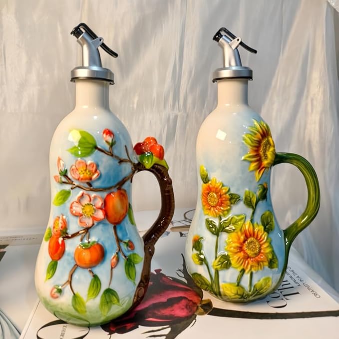 18.26oz/540ml Ceramics Olive Oil Dispenser Bottle,Hand Painted Reliefs Oil Dispenser for Kitchen,Oil Bottles for Kitchen (Persimmon)-Ruum Studio Home
