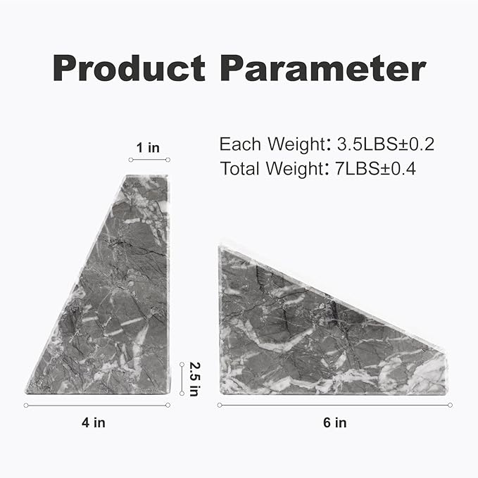 Marble Bookends for Heavy Books, Decorative Bookends for Shelves, Durable and Heavy-Duty Book End for Hardback Book & CDS, Unique Book Stopper & Holder, Gris Lido, Set of 2-Ruum Studio Home