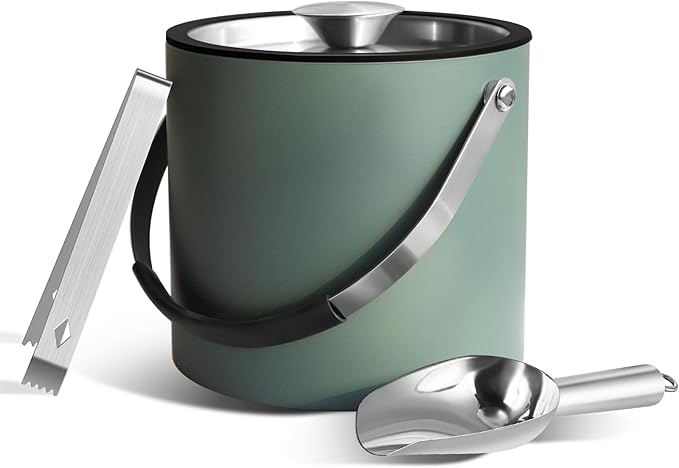 3L Ice Bucket with Silicone Lid, Scoop, Tongs & Strainer, Stainless Steel Double Wall Insulated Ice Buckets for Parties & Cocktail Bar, Outdoor Champagne Ice Container Bin, Dusty Green-Ruum Studio Home