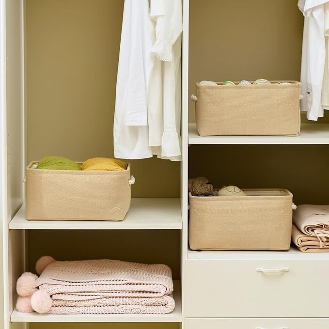TheWarmHome Storage Bins for Shelves - Medium 3Pack 13.8L*9.8W*6.7H inch Canves Storage Basket for Organizing, Fabric Storage with Handles for Clothes Baby Dog Toys(Beige)-Ruum Studio Home