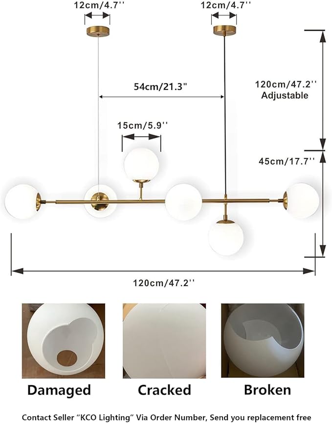 KCO Lighting Modern Globe Linear Chandelier 6 Light Milk Glass Chandeliers White and Gold Pendant Light Fixture Mid Century Rectangle Chandelier Brass Sputnik Island Lights for Kitchen-Ruum Studio Home
