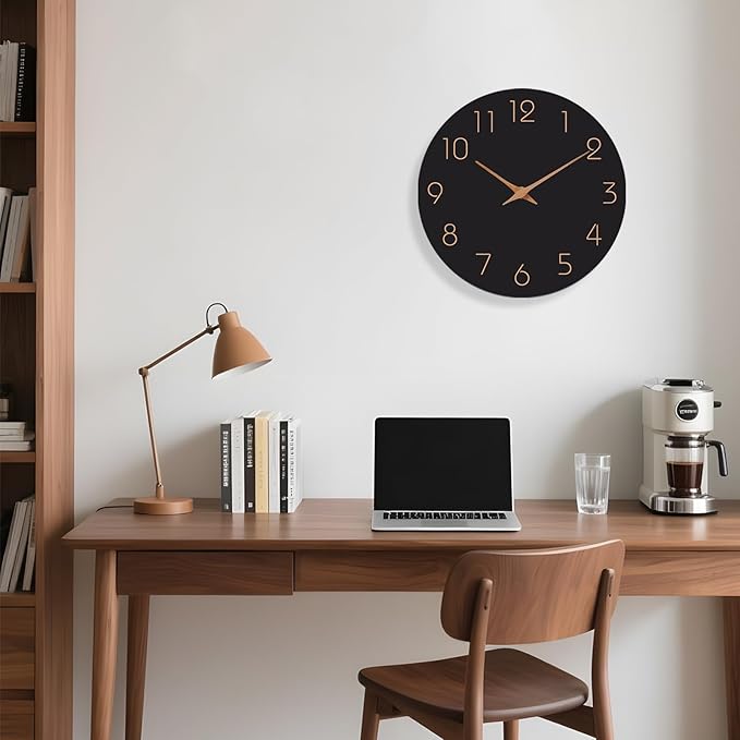 Mosewa Wall Clock 14 Inch Black Battery Operated Silent Non Ticking Simple Minimalist Rose Gold Numbers Decorative for Bedroom Living Room Kitchen Home Office