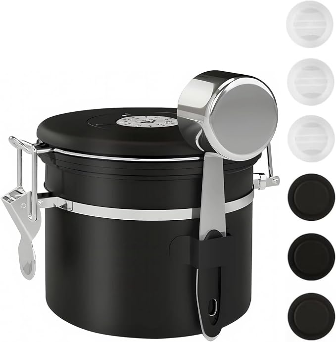 ShanSon Coffee Canister Airtight Coffee Container Stainless Steel Coffee Bean Storage Container with Scoop Coffee Canister for Beans Grounds Sugar Flour Tea Cereal,11OZ, Black-Ruum Studio Home