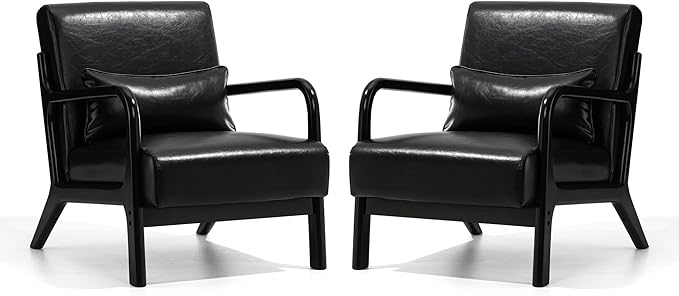 Glitzhome 2 Set Mid Century Black Accent Armchair, Single Reading Armchair PU Leather Lounge Chair with Walnut Ruberwood Frame-Ruum Studio Home