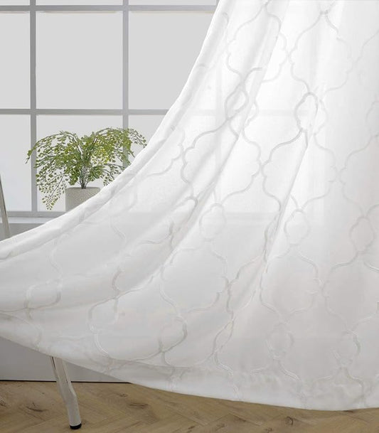 MIUCO Moroccan Embroidered Semi Sheer Curtains Faux Linen Grommet Window Curtains for Bedroom Living Room 95 Inches Long 2 Panels, Pure White-Ruum Studio Home