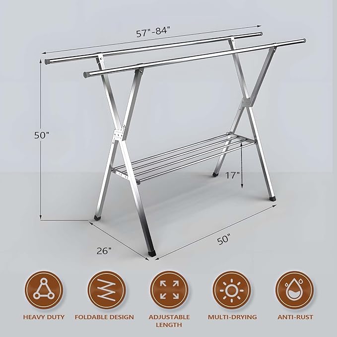 JAUREE Clothes Drying Rack 2 Tiers, Heavy Duty Drying Rack Clothing Folding Indoor Outdoor, Stainless Steel Laundry Drying Rack, Foldable Garment Rack with 20 Windproof Hooks (84 Inches)-Ruum Studio Home