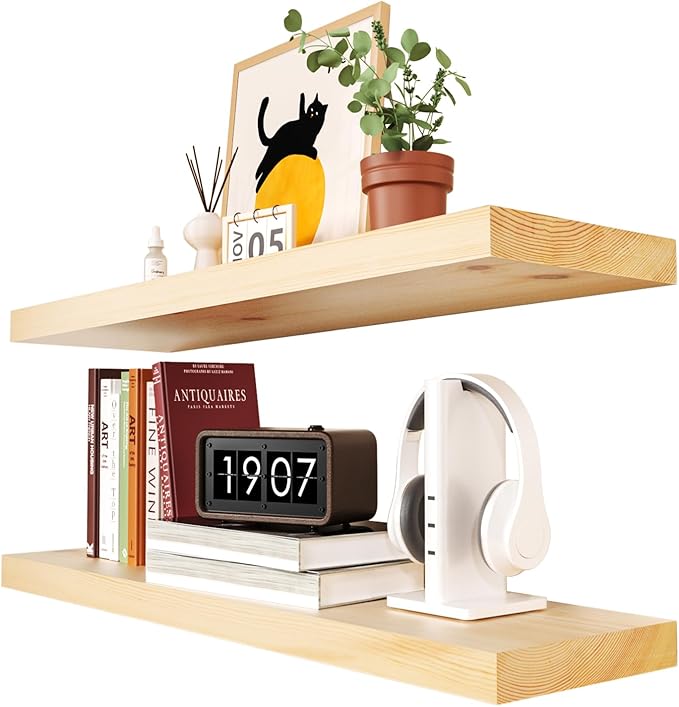 Habudda Floating Shelves for Wall, Solid Pine Wood Shelf for Bathroom Bedroom Kitchen, Rustic Room Decor, Wall Mounted, 30 Inches Long, Set of 2, Natural-Ruum Studio Home