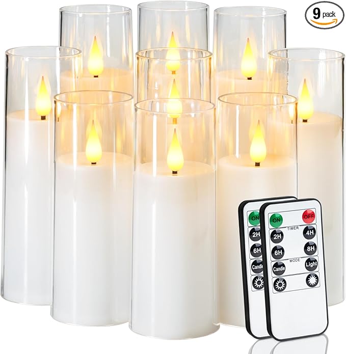 Amagic Pure White Flameless Candles, 9 Pack Battery Operated Candles with Remote and Timer, Acrylic Flickering Electric LED Candles for Wedding, Holiday Decor, D2.2''xH5''6" 7", Warm Yellow Glow-Ruum Studio Home