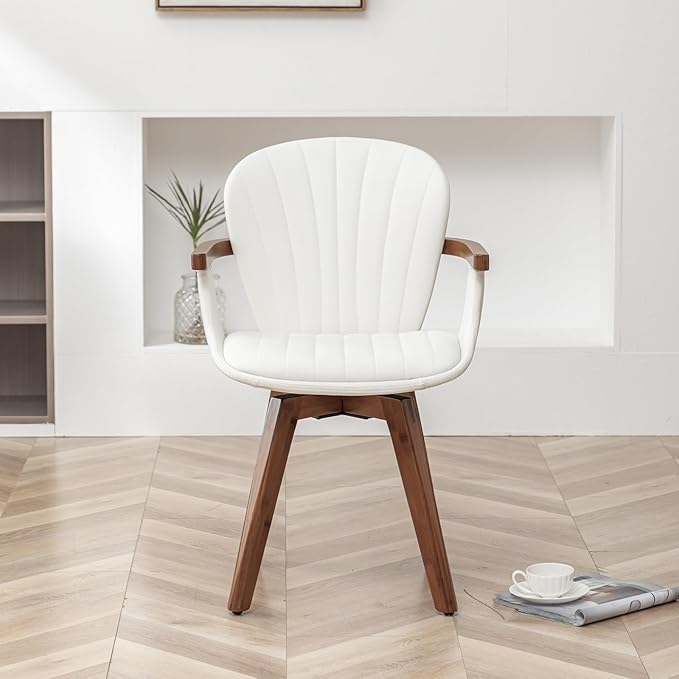 LUNLING Swivel Dining Chairs, Mid Century Modern White Faux Leather Kitchen Chairs with Arms,Bamboo Legs Side Chairs No Wheels,Accent Chair for Dining Rooms and Offices,1PCS-Ruum Studio Home