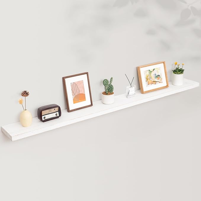 Rustic Elm Wood Floating Shelves - 72'' W x 8" D Wall Mounted Mantel Shelf with Invisible Bracket, Large Long Storage Shelves for Living Room, Bedroom, Kitchen, Bathroom, White Wash-Ruum Studio Home