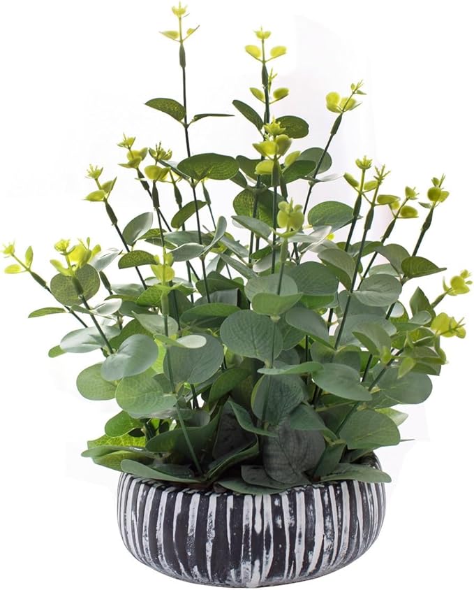 Artificial Plants Potted Real Looking Small Faux Plant with Rustic Black Cement Planter for Kitchen Office Desk Bookshelf Decor (Eucalyptus Plant)-Ruum Studio Home